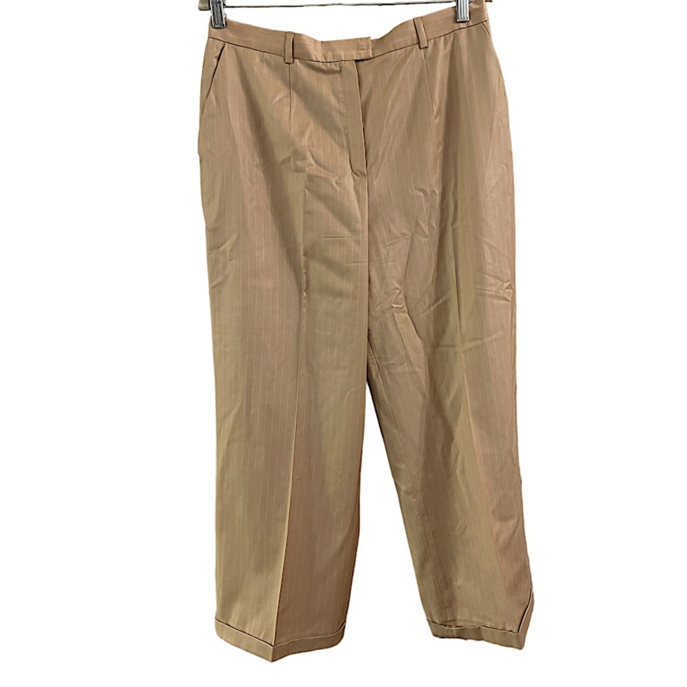 Escada 100% New Wool Tan Trouser Pants 44 /‎ 12 White Pinstriped